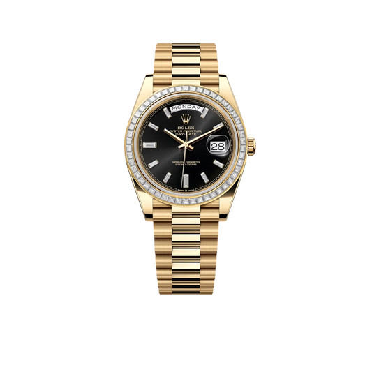 Day-Date 40mm Yellow Gold Black Baguette Diamond Dial Baguette Bezel m228398tbr-0001