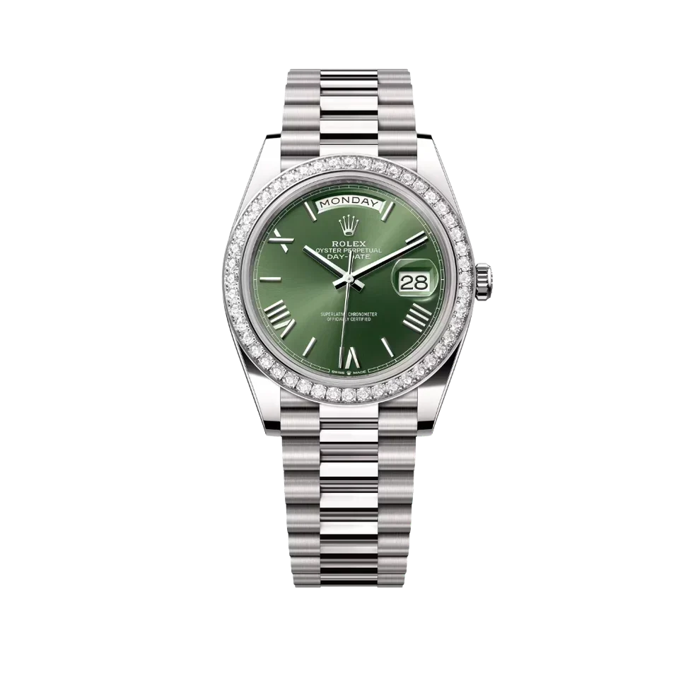 Day-Date 40 228349RBR White Gold Olive Green Dial Diamond Bezel