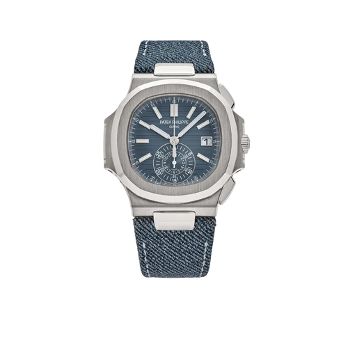 Nautilus 40mm 5980/60G-001 Flyback Chronograph White Gold Blue Dial Denim Strap