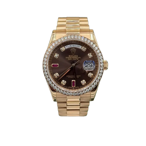 Day-Date 36mm President Bracelet Chocolate Ruby Dial Rose Gold Diamond Bezel 118235