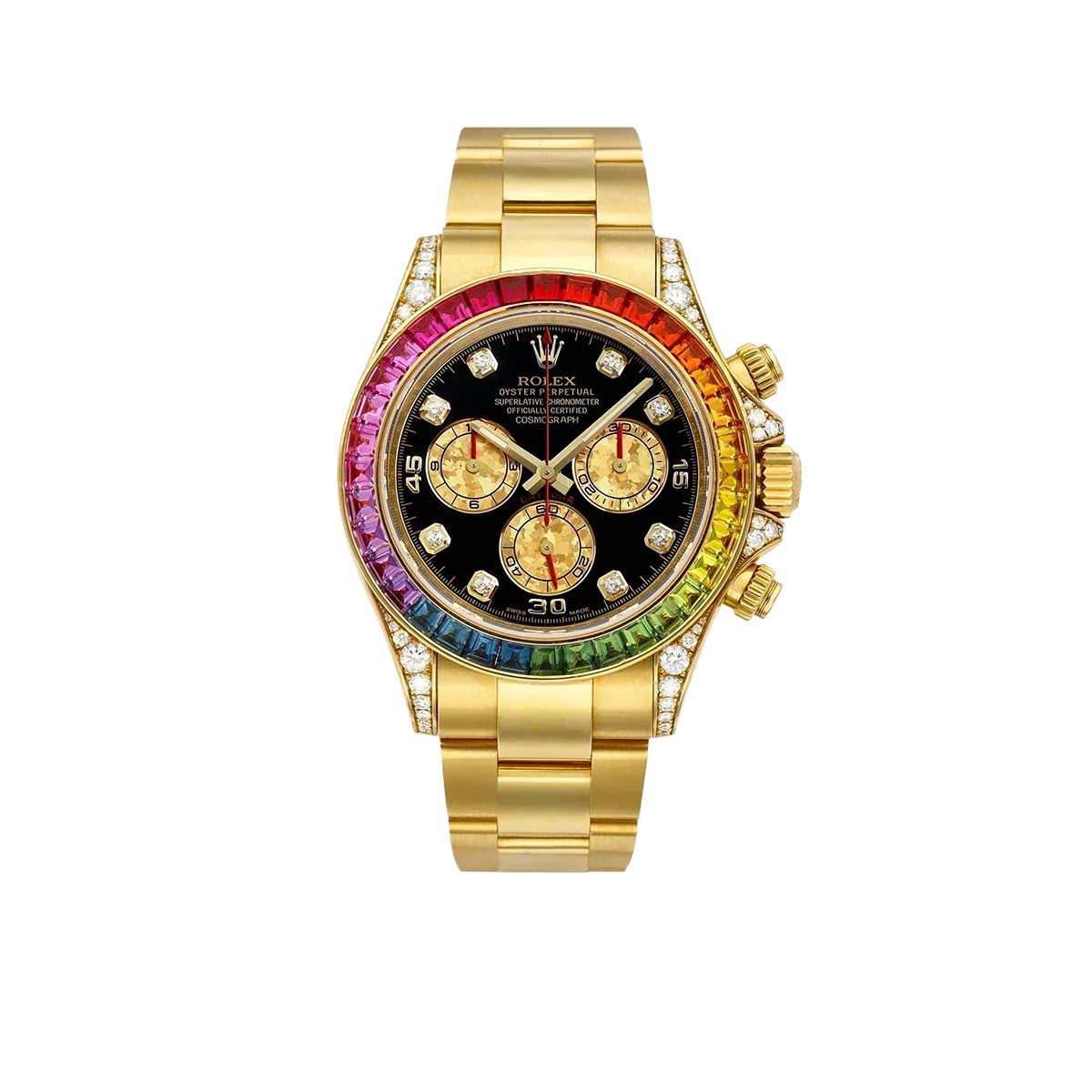 Daytona 116598RBOW Rainbow Yellow Gold Black Diamond Dial Sapphire Bezel