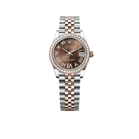 Lady-Datejust 31mm 278381RBR Stainless Steel Rose Gold Brown Roman Numerals Diamond Dial Diamond Bezel Jubilee